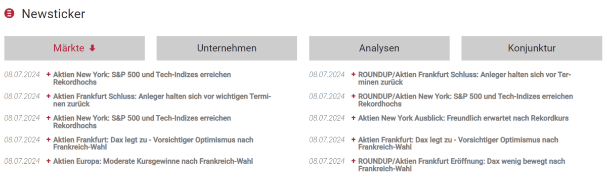 Auf der dpa-AFX Homepage werden die News vom jeweiligen Vortag kostenlos angezeigt