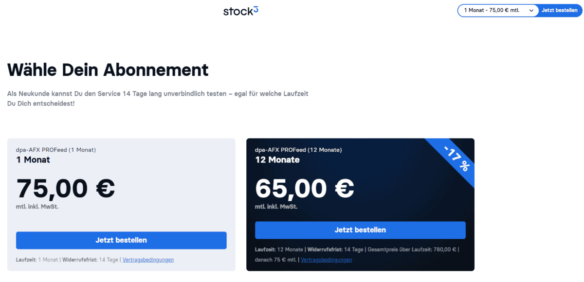 Bei stock3 kann der dpa-AFX ProFeed Newsticker ab 65 Euro pro Monat als Addon gebucht werden