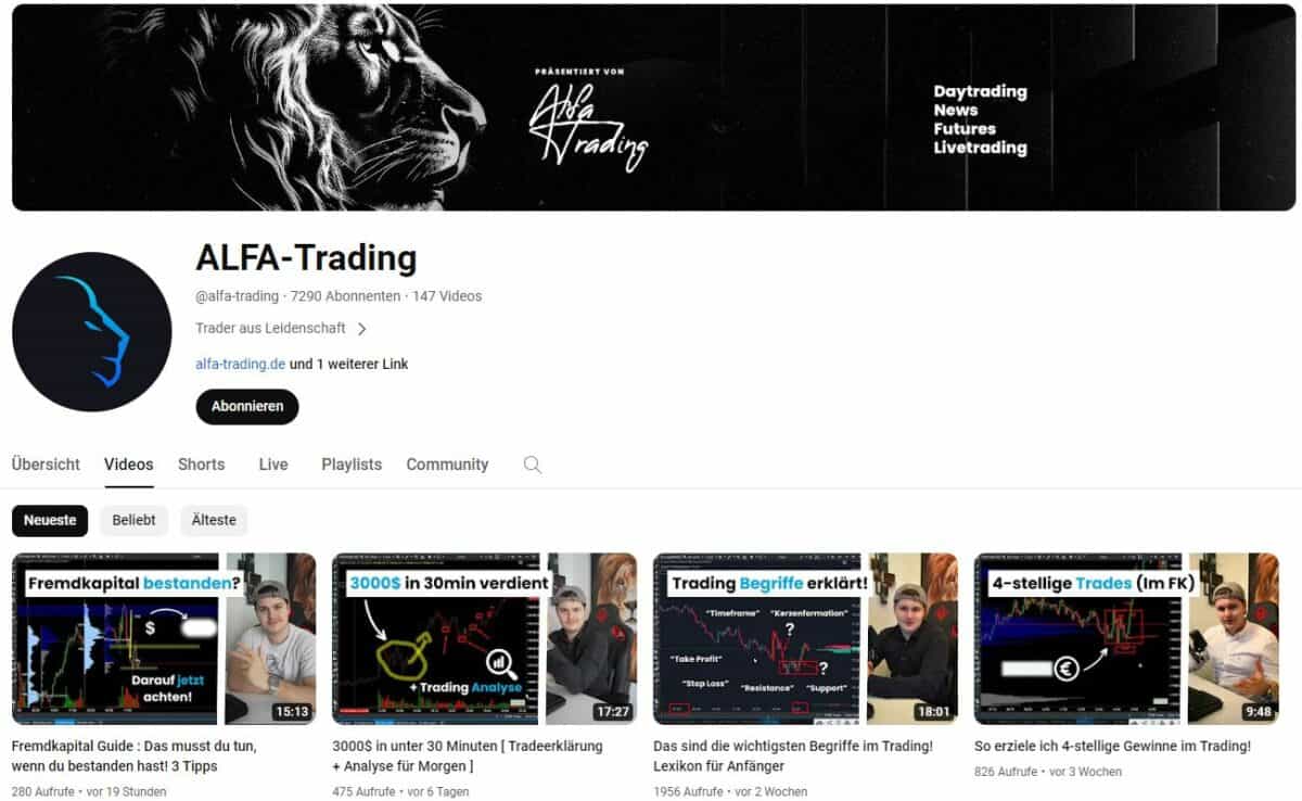 Der youtube kanal der ALFA Trading Academy zählt über 7000 Abonnenten