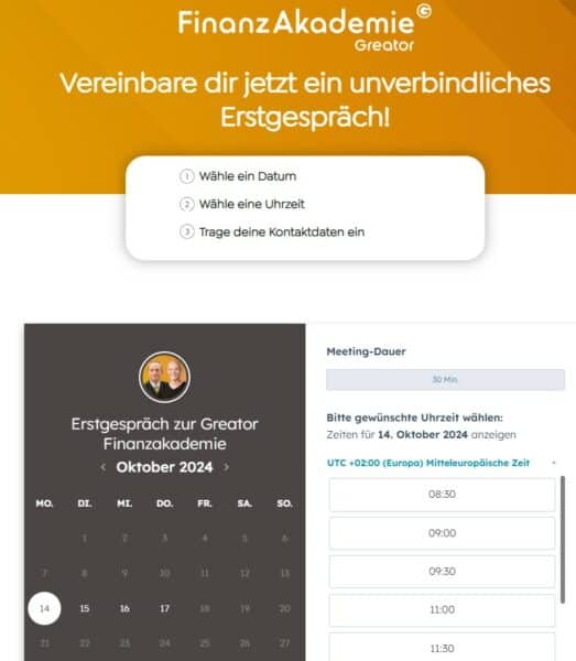 Die Anmeldung in der Greator Finanzakademie erfolgt über ein kostenloses Erstgespräch