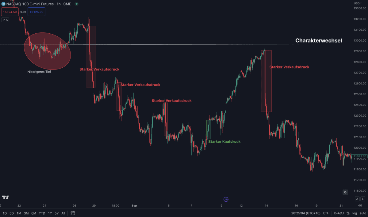 Das Bild zeigt ein Beispiel des Charakterwechsel mit Displacement 
auf der 1-Stunden-Chart vom Nasdaq