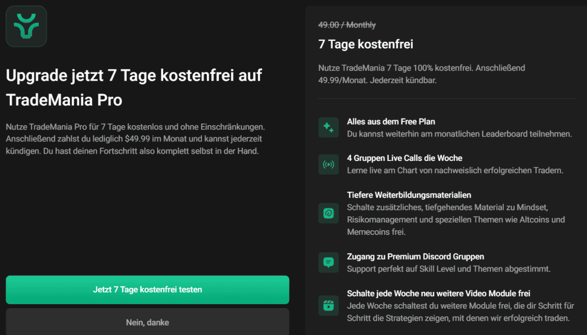 Für die Bitbull Trading TradeMania Pro Version gibt es auch eine 7-tägige Testphase