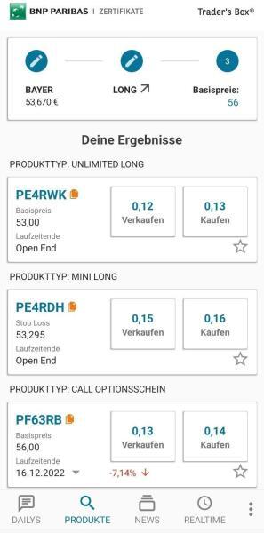 Optionsscheinfinder App der BNP Paribas Ergebnisanzeige