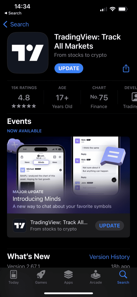 Das Bild zeigt die TradingView App im App Store. 