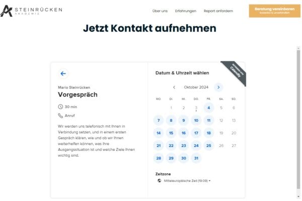 Über die Steinrücken Akademie Homepage kannst du jederzeit einen Termin für ein kostenloses Erstgespräch vereinbaren