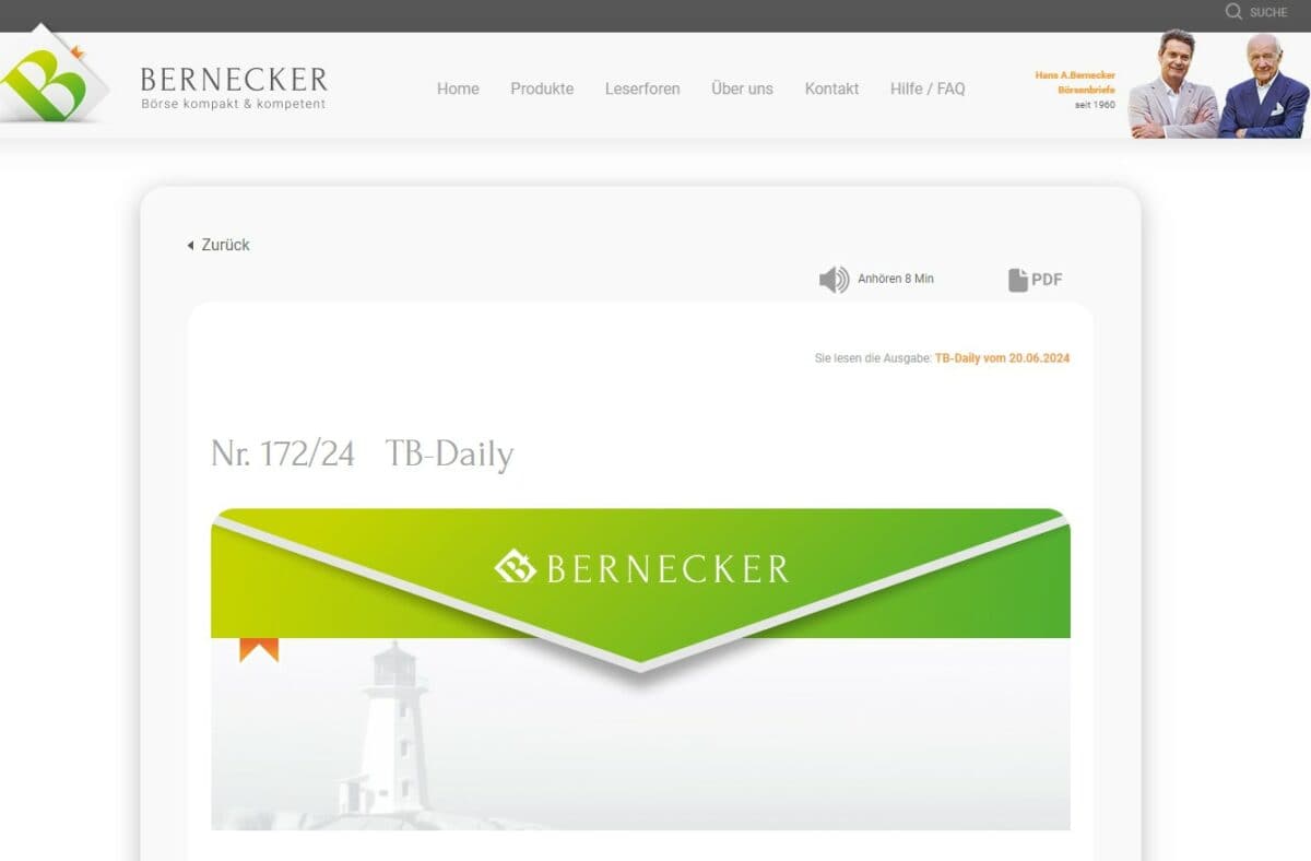 Über die Webseite kannst du die einzelne Ausgaben der Bernecker Börsenbriefe jederzeit kostenlos probelesen
