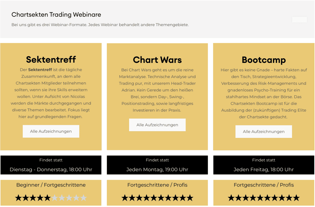 Das Bild zeigt eine Übersicht über die verschiedenen Live-Webinare. 