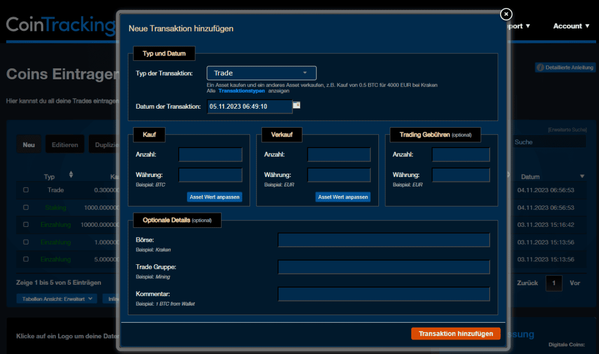 coins bei cointracking manuell erfassen