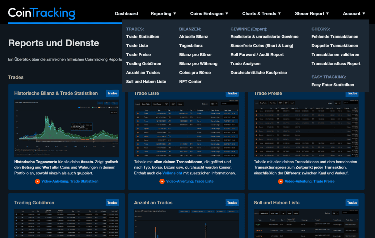 cointracking reporting bereich beinhaltet eine Vielzahl an analysen und historischen daten