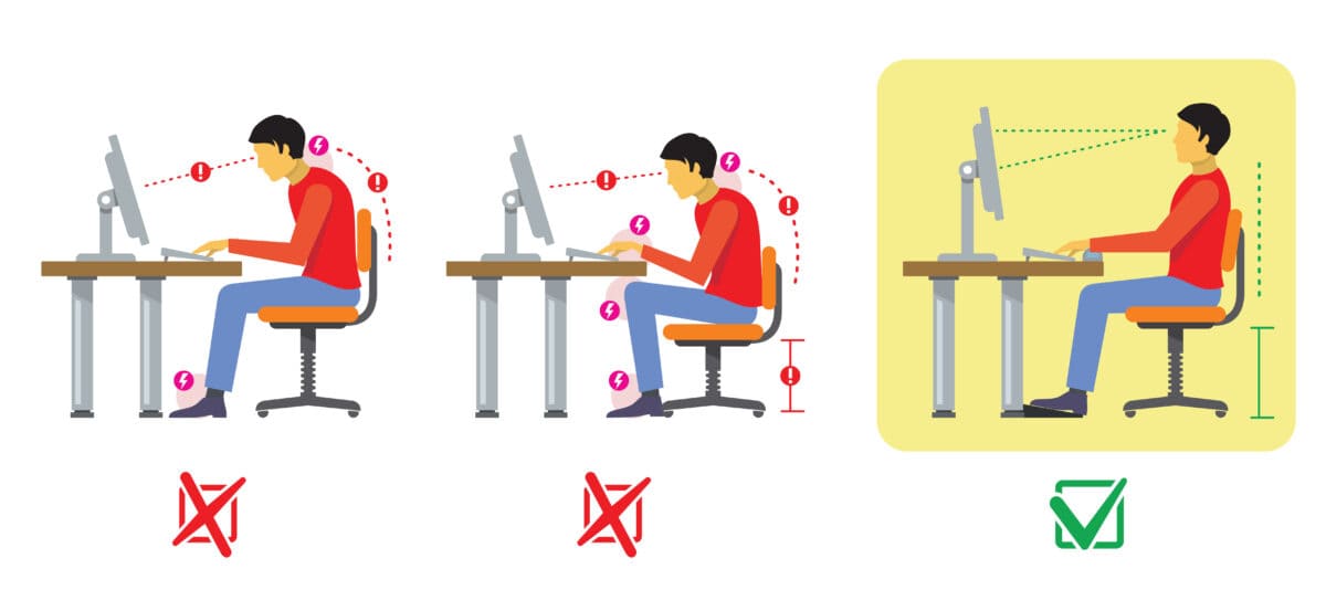 Das Bild zeigt, wie man ergonomisch am Schreibtisch sitzt und den Monitor ausrichtet.