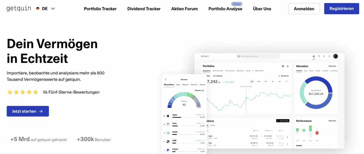 Screenshot der getquin Webseite - Alternative zu Portfolio Performance