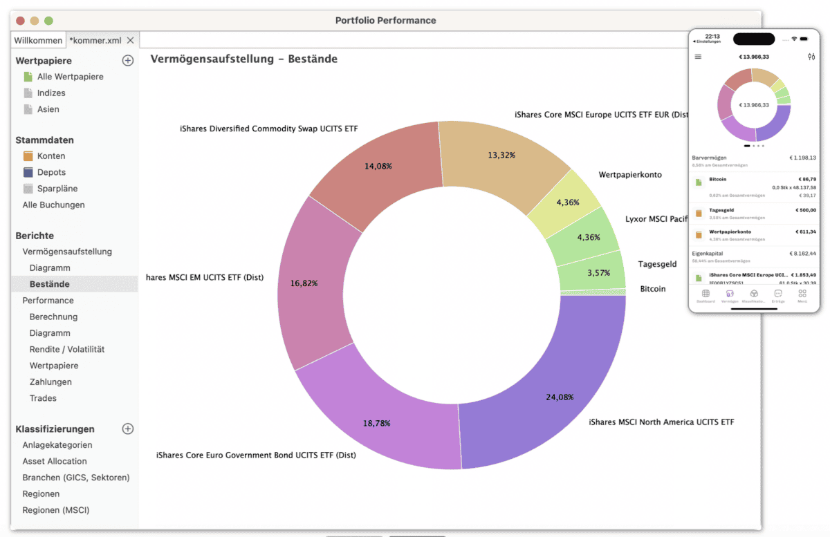 Screenshot der Portfolio Performance Software zeigt die aktuelle Vermögensaufstellunge - Bestände.