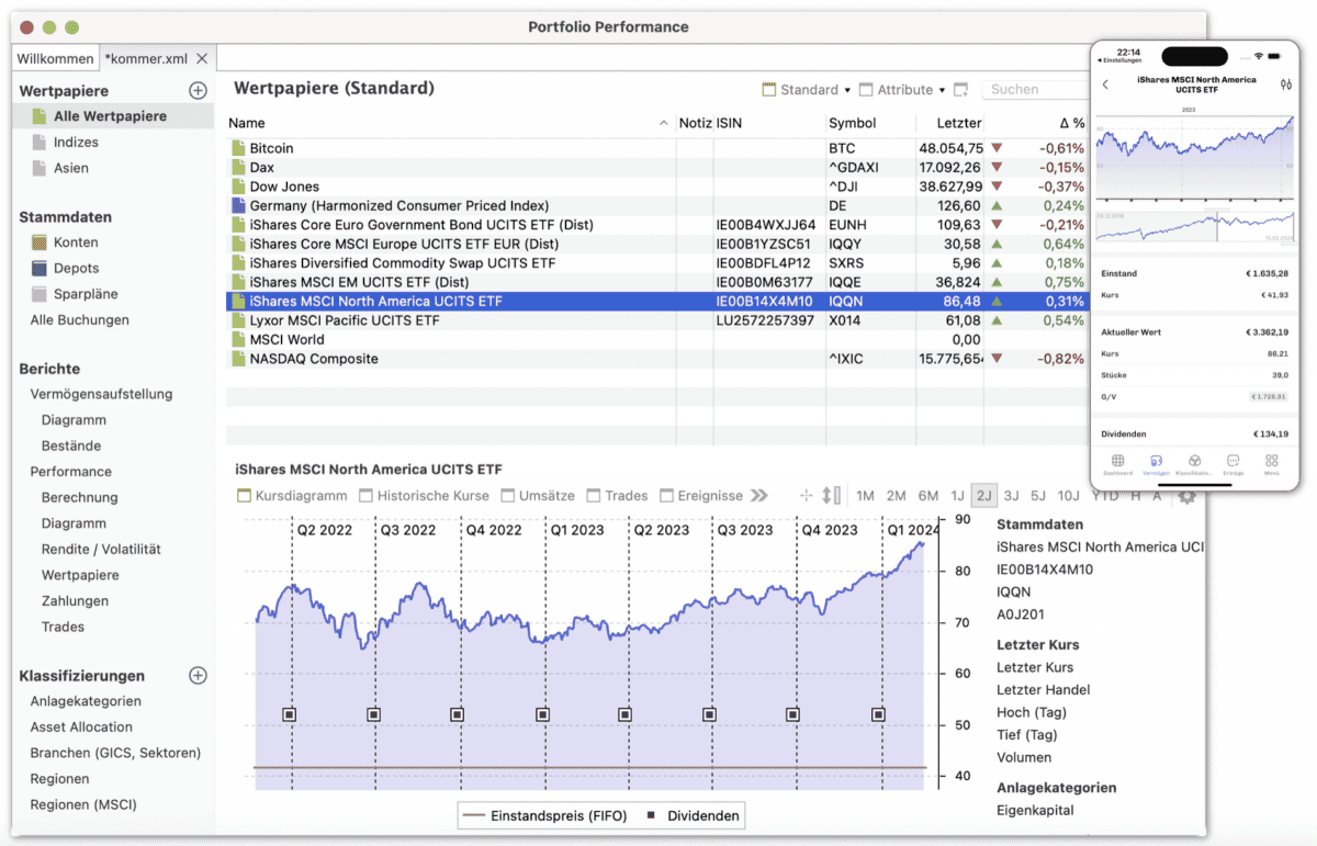 Screenshot von Portfolio Performance Alle Wertpapiere im Überblick