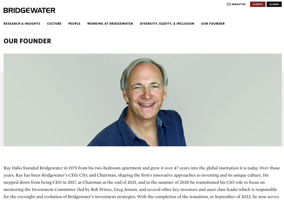 Das Bild zeigt einen Screenshot von der Bridgewater Website mit Ray Dalio.