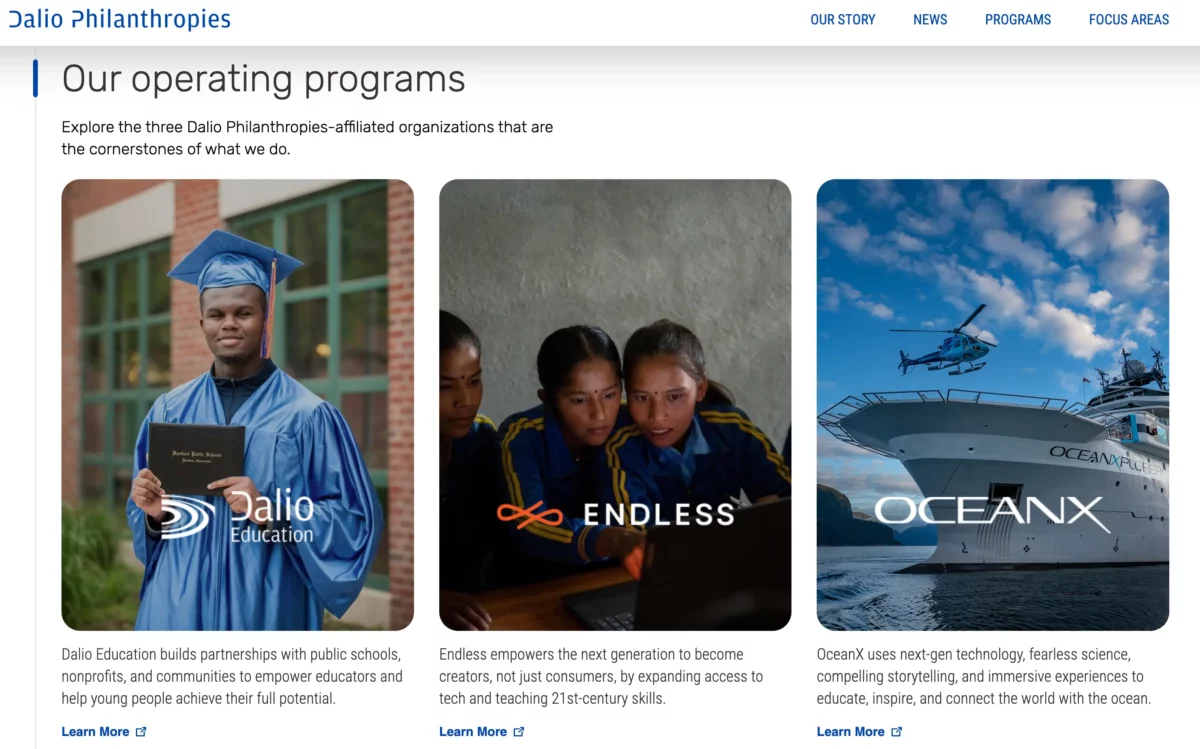 Das Bild zeigt einen Screenshot von der Dalio Philanthropies website und deren Projekte.