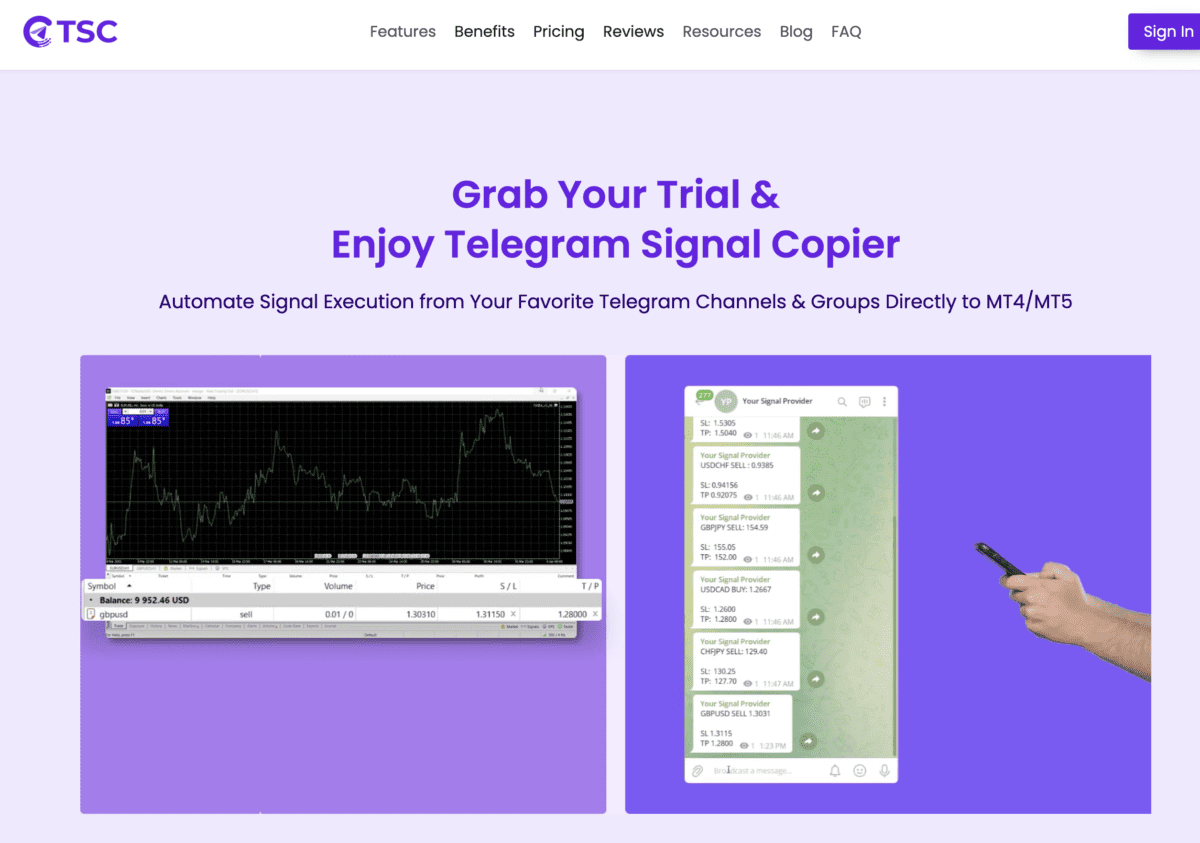 Das Bild zeigt einen Screenshot von der Website von Telegram Signal Copier.