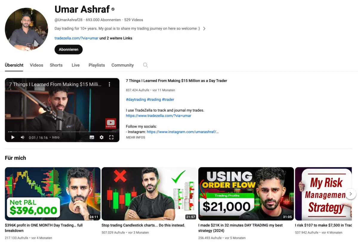 Das Bild zeigt den Youtube-Kanal von Tradezella Gründer - Umar Ashraf.