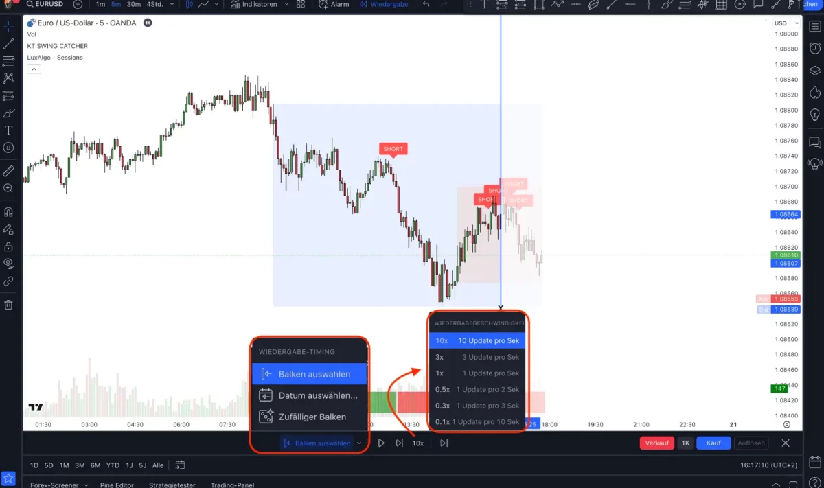 TradingView Backtesting. Das Bild zeigt die Funktionen vom Bar-Replay-Mode.